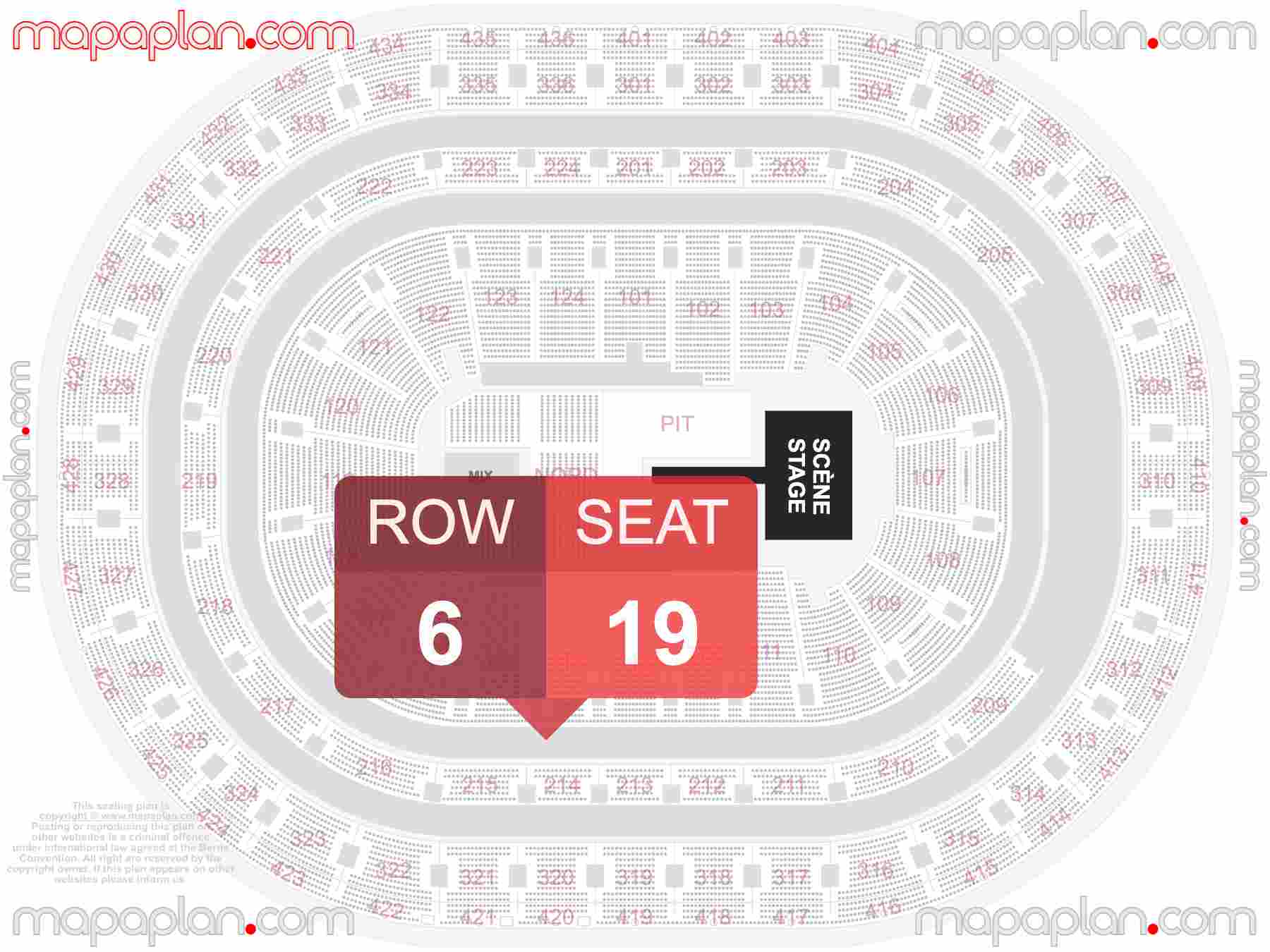 Montreal Bell Centre seating map Concert with PIT floor standing interactive seating checker map chart showing seat numbers per row - Ticket prices sections review diagram