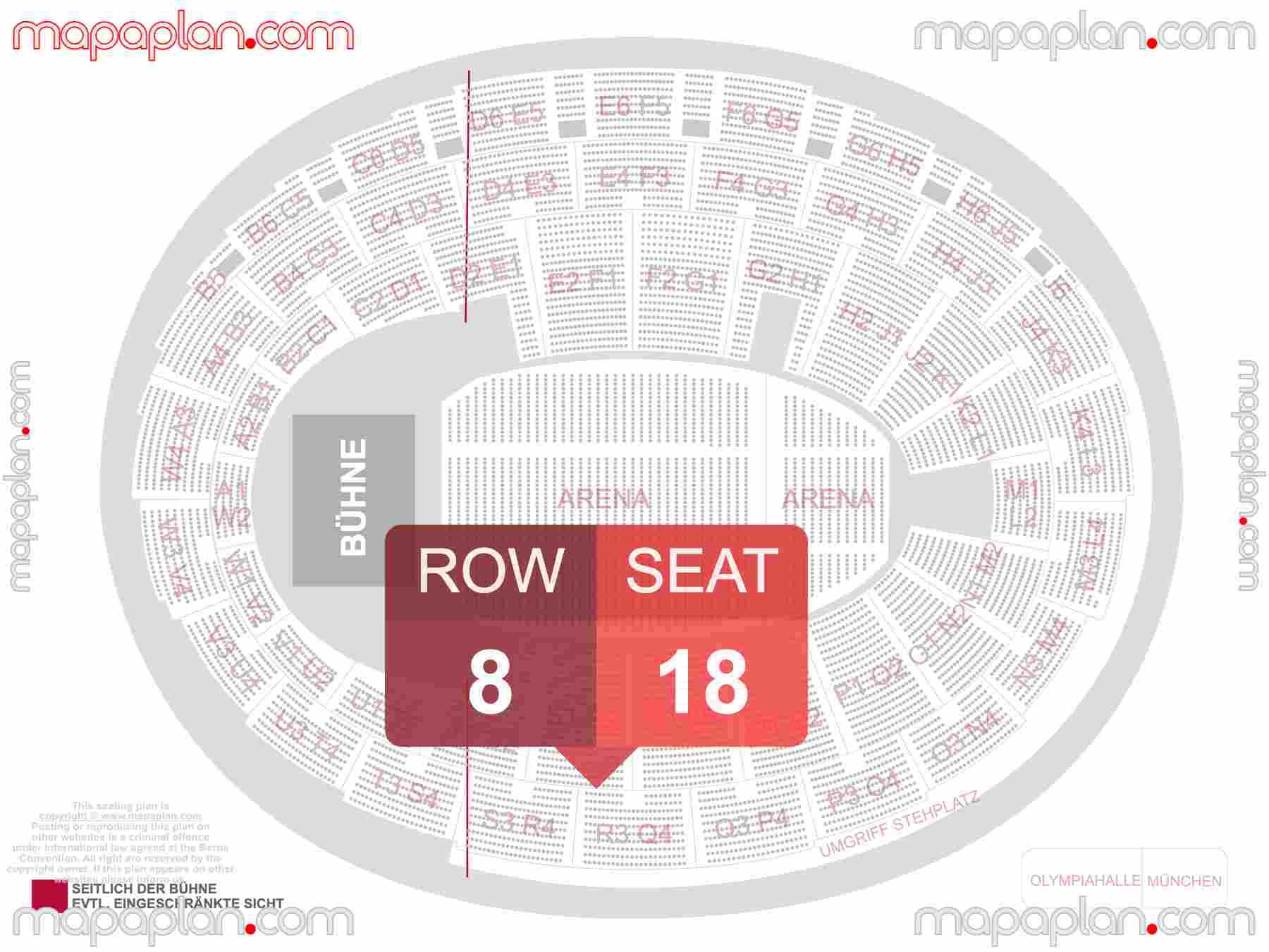 Munich Olympiahalle seating plan Concert Konzerte Sitzplan mit Sitzplatz & Reihennummerierung detailed seat numbers and row numbering plan with interactive map map layout
