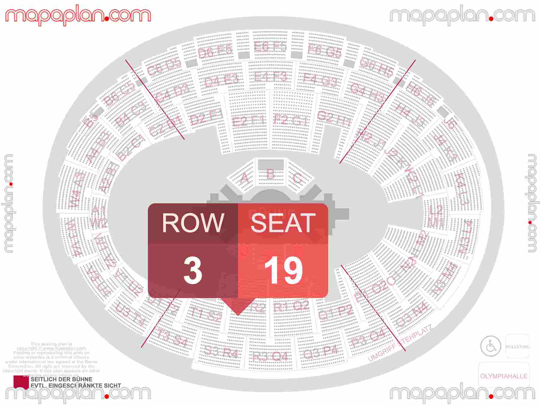 Munich Olympiahalle seating plan Concert 360 in the round stage Konzerte 360 Innenraum Sitzplätze seating plan with exact section numbers showing best rows and seats selection 3d layout - Best interactive seat finder tool with precise detailed location data