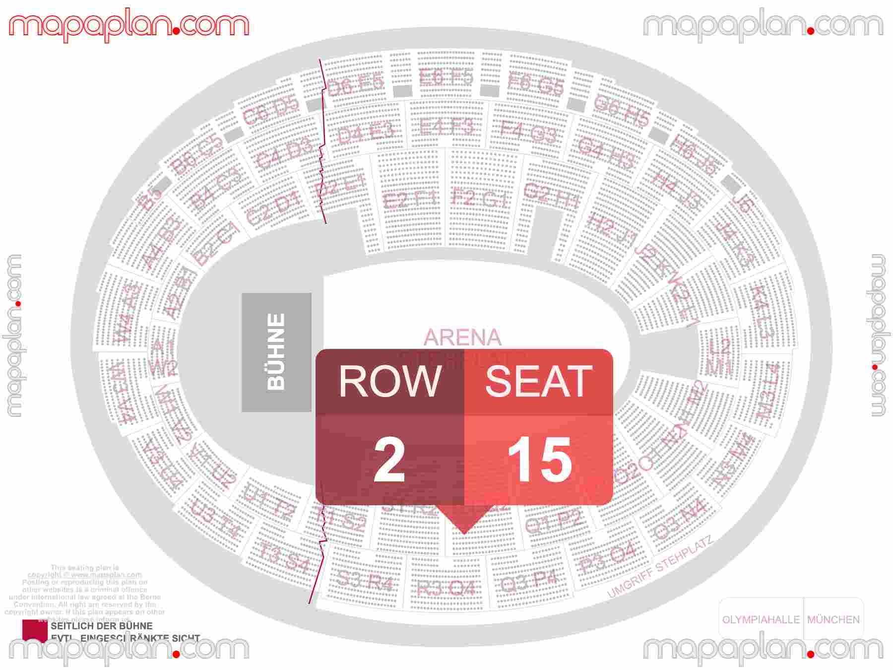 Munich Olympiahalle seating plan Concert with floor general admission standing room only Innenraum mit nur Stehplätze Sitzplan mit Block und Platz nummerierung interactive seating checker map map showing seat numbers per row - Ticket prices sections review diagram