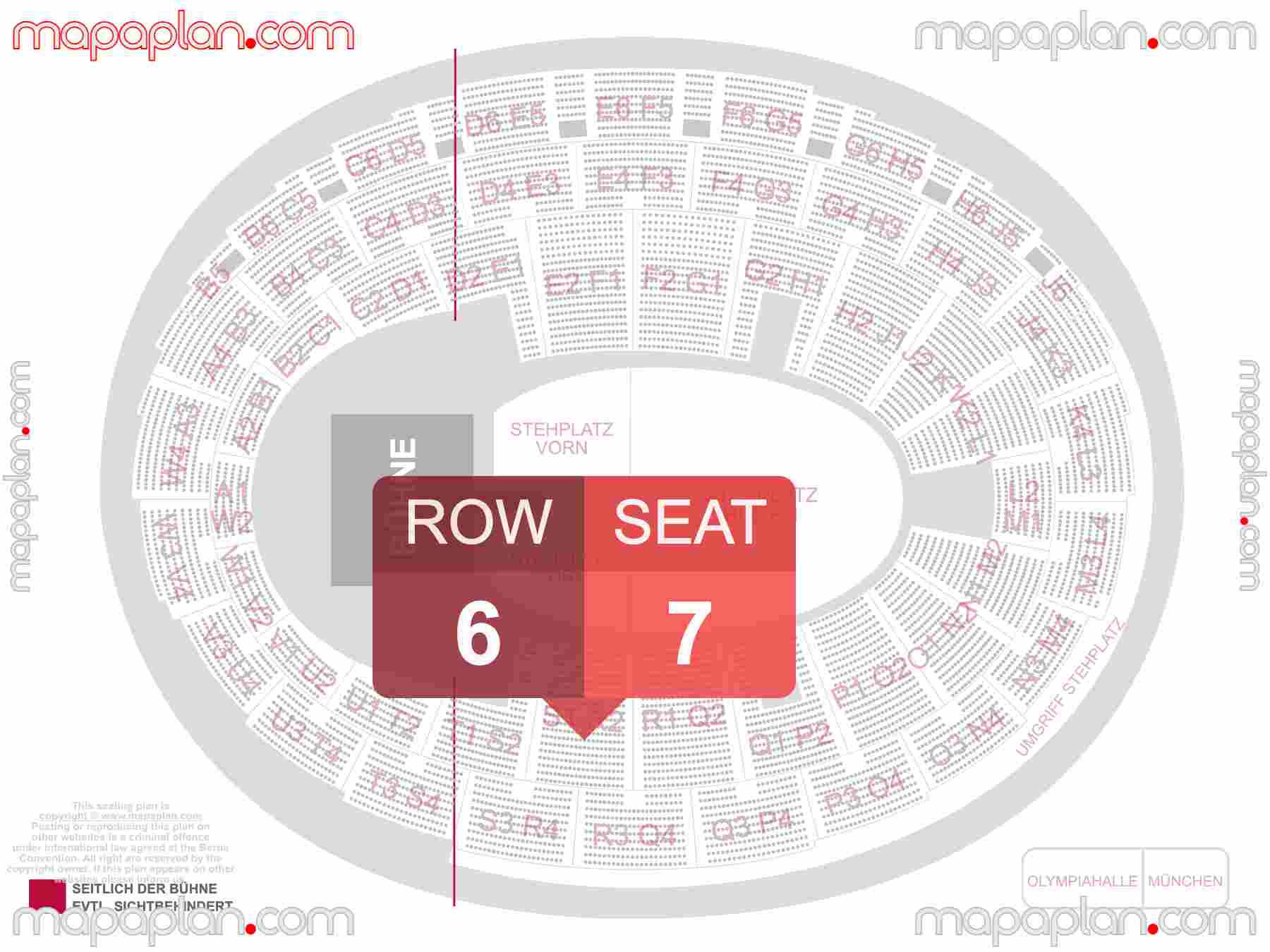 Munich Olympiahalle seating plan Concert with floor general admission PIT standing Übersichtsplan mit Innenraum Steh- & Sitzplätze Numerierung & Reihen detailed seating plan - 3d virtual seat numbers and row layout