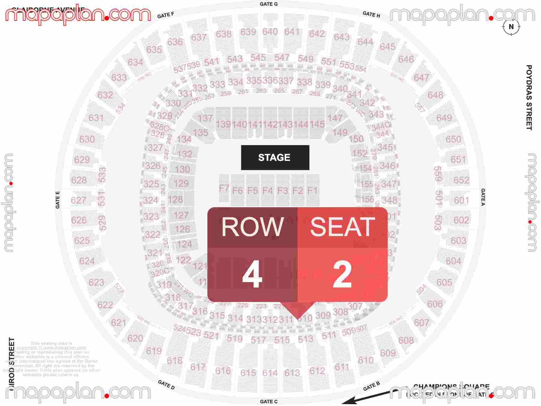 New Orleans Caesars Superdome seating chart Concert detailed seat numbers and row numbering chart with interactive map plan layout