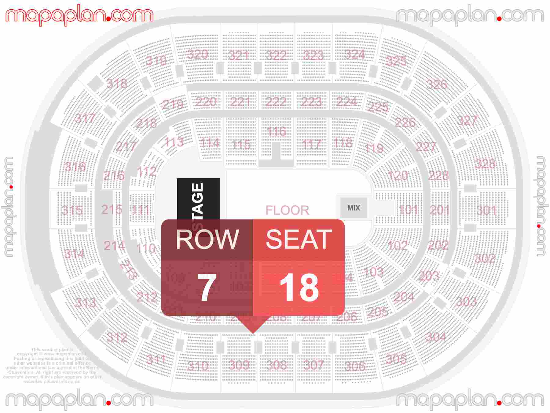 Ottawa Canadian Tire Centre seating map Concert with floor general admission standing interactive seating checker map chart showing seat numbers per row - Ticket prices sections review diagram