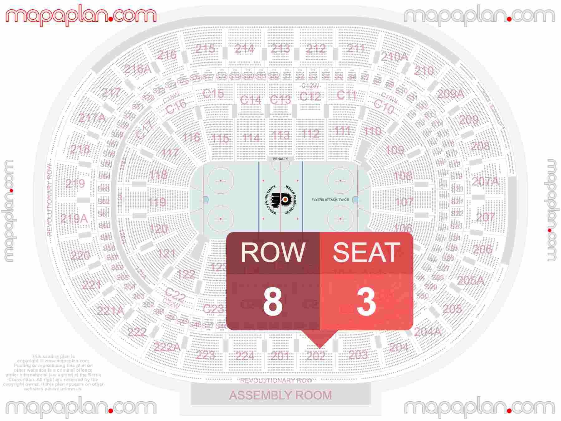 Philadelphia Wells Fargo Center seating chart Philadelphia Flyers NHL hockey find best seats row numbering system plan showing how many seats per row - Individual 'find my seat' virtual locator