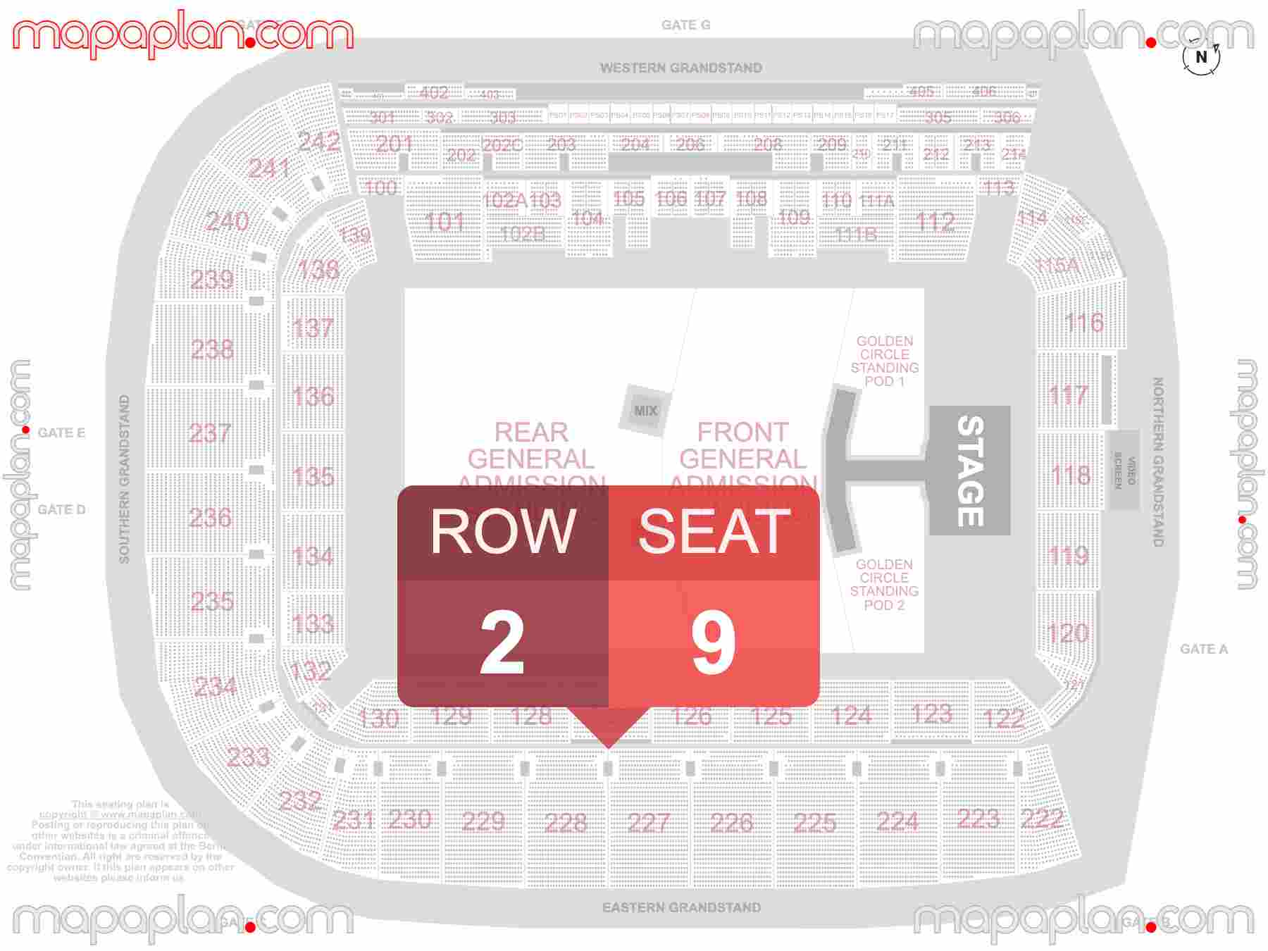 Queensland Country Bank Stadium seating map Concert detailed seat numbers and row numbering map with interactive map plan layout
