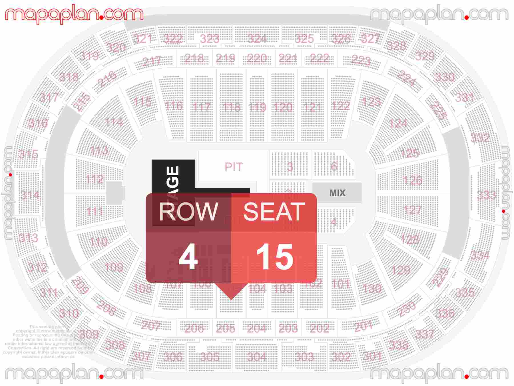Raleigh PNC Arena seating chart Concert with PIT floor standing interactive seating checker map plan showing seat numbers per row - Ticket prices sections review diagram