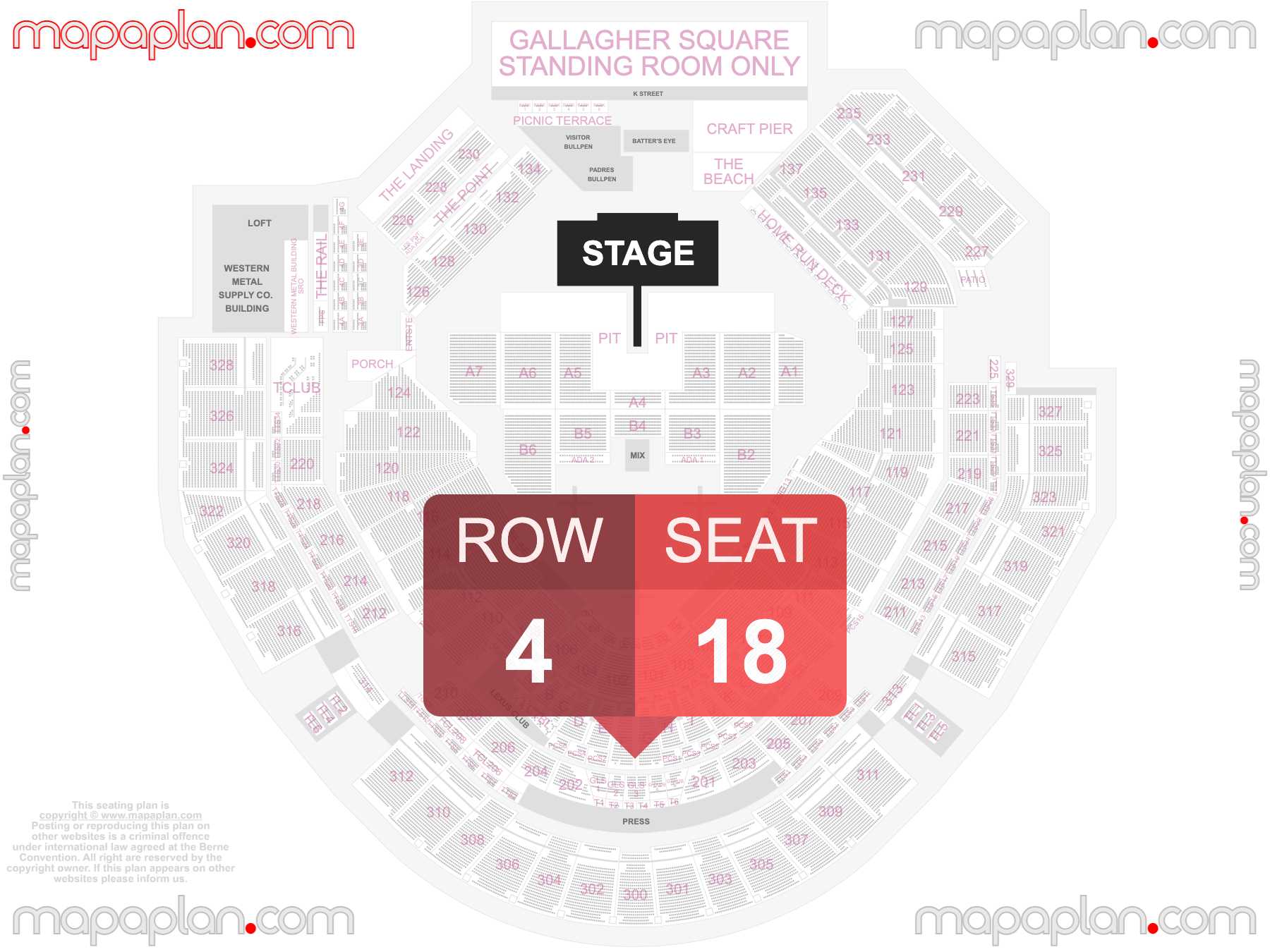 San Diego Petco Park seating chart Concert detailed seat numbers and row numbering chart with interactive map plan layout