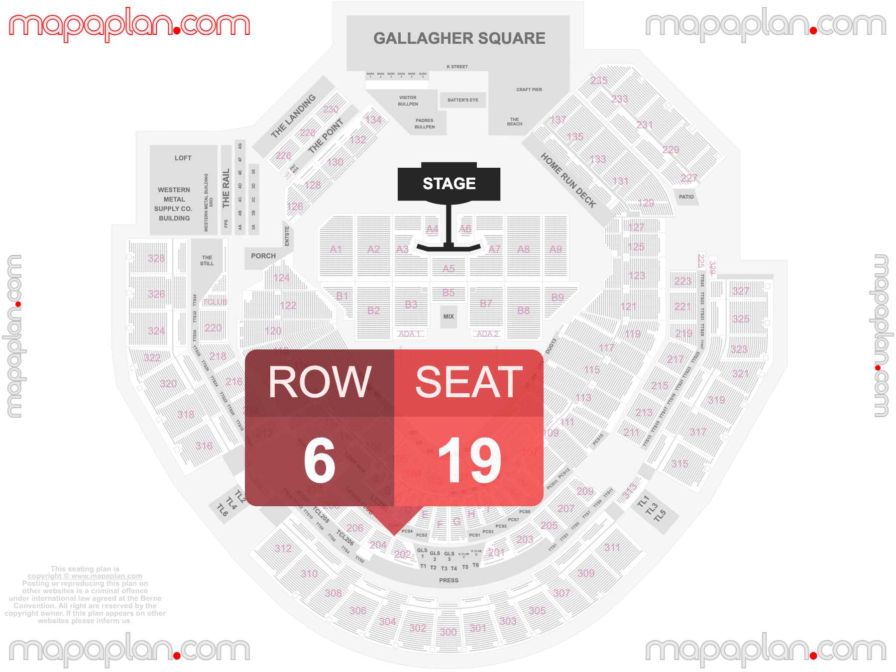 San Diego Petco Park seating chart Concert with extended catwalk runway B-stage find best seats row numbering system plan showing how many seats per row - Individual find my seat virtual locator