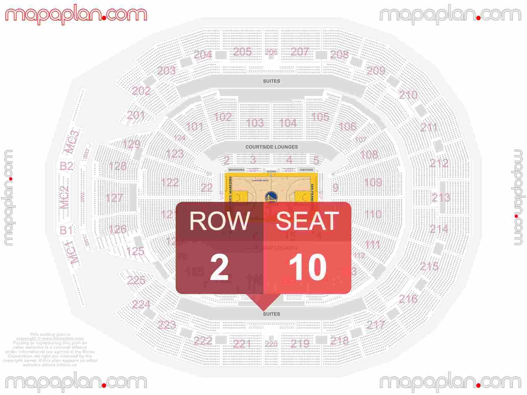 San Francisco Chase Center seating chart Golden State Warriors NBA basketball detailed seat numbers and row numbering chart with interactive map plan layout