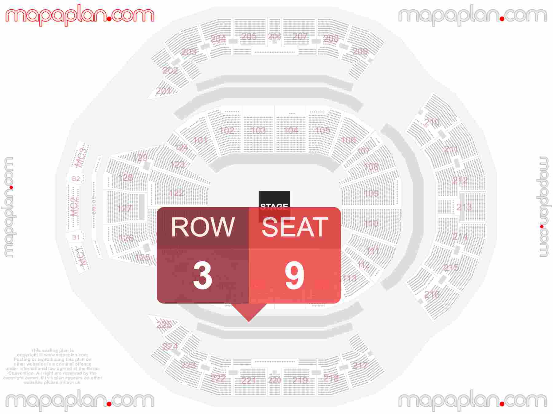 San Francisco Chase Center seating chart In the round concert stage interactive seating checker map plan showing seat numbers per row - Ticket prices sections review diagram