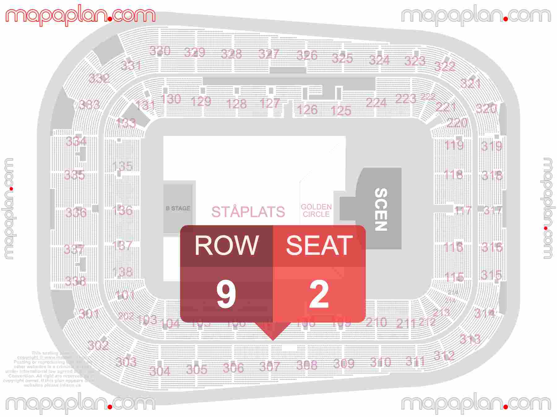 Stockholm Stockholmsarenan Tele2 Arena seating plan Concert sittplan med sektioner sittplatser platsnummer karta detailed seat numbers and row numbering plan with interactive map map layout