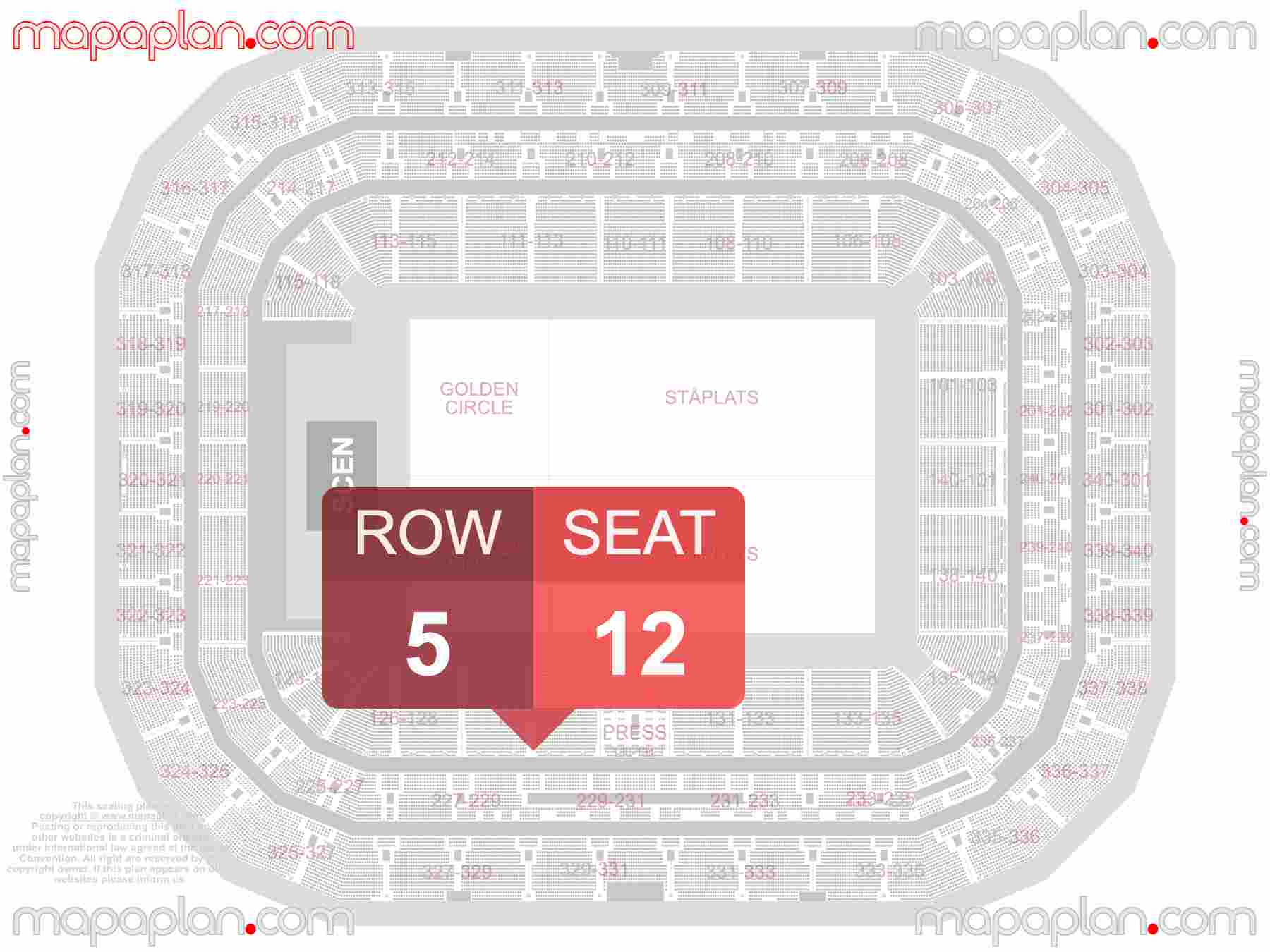 Stockholm Strawberry Friends Arena seating plan Concert sittplan med sektioner sittplatser platsnummer karta detailed seat numbers and row numbering plan with interactive map map layout
