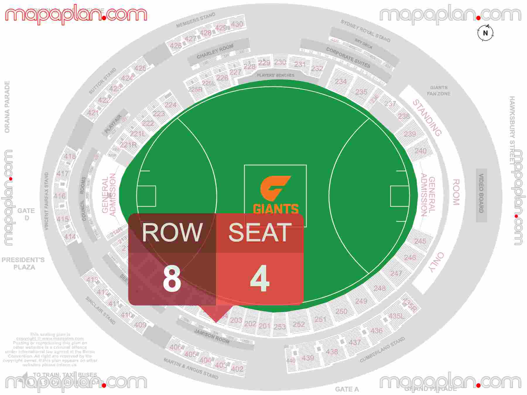 Sydney Showground Engie Stadium seating map Sydney Giants AFL football detailed seat numbers and row numbering map with interactive map plan layout