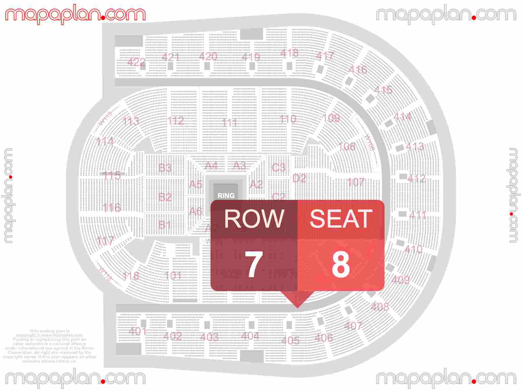 London O2 Arena seating plan In the round concert / ring 360 stage interactive seating checker map chart showing seat numbers per row - Ticket prices sections review diagram