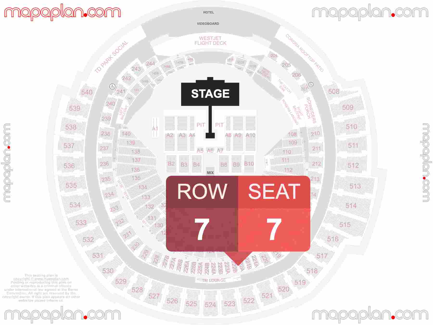 Toronto Rogers Centre seating map Concert with general admission PIT floor standing seating map with exact section numbers showing best rows and seats selection 3d layout - Best interactive seat finder tool with precise detailed location data