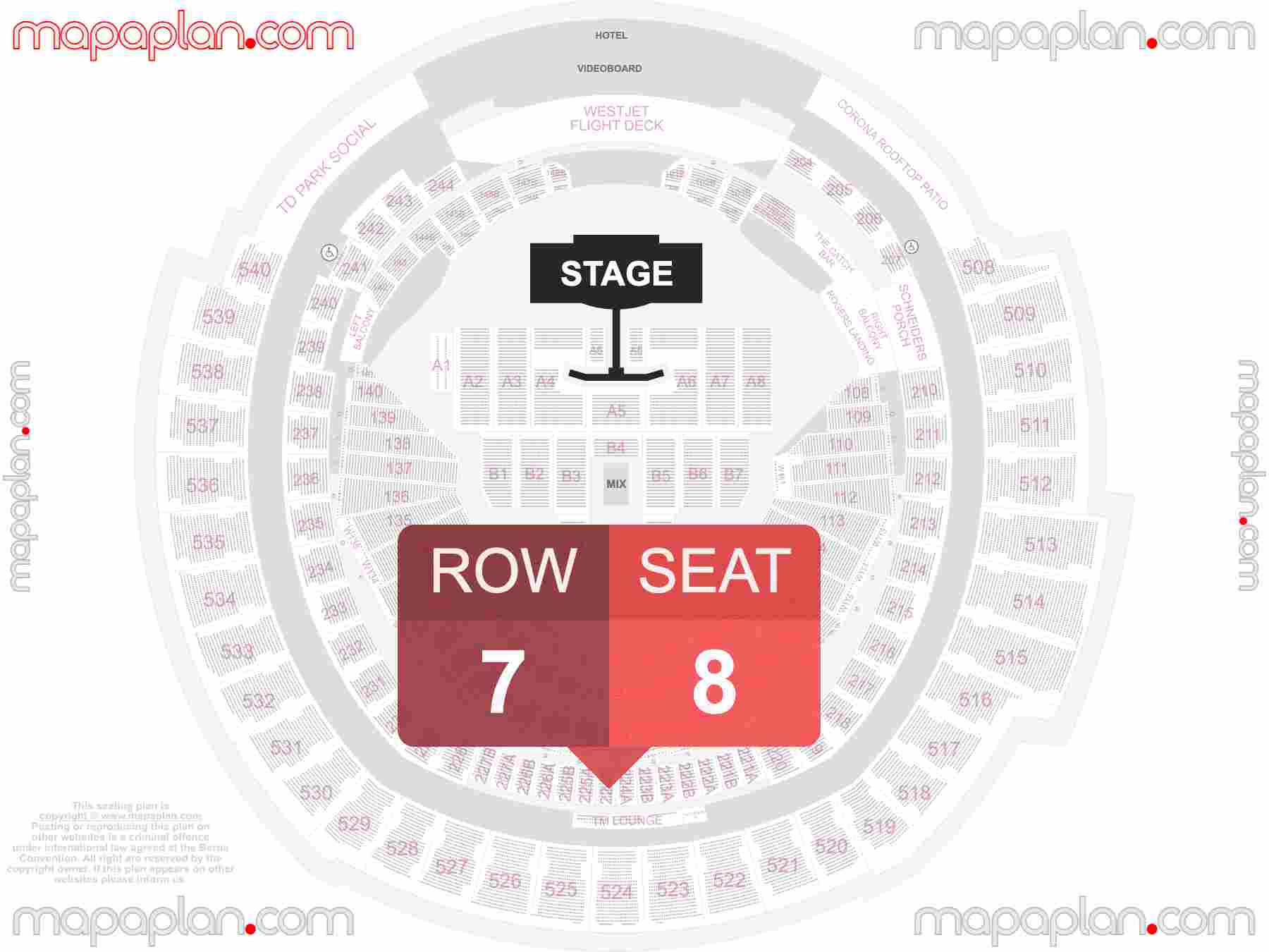 Toronto Rogers Centre seating map Concert with extended catwalk runway stage interactive seating checker map chart showing seat numbers per row - Ticket prices sections review diagram