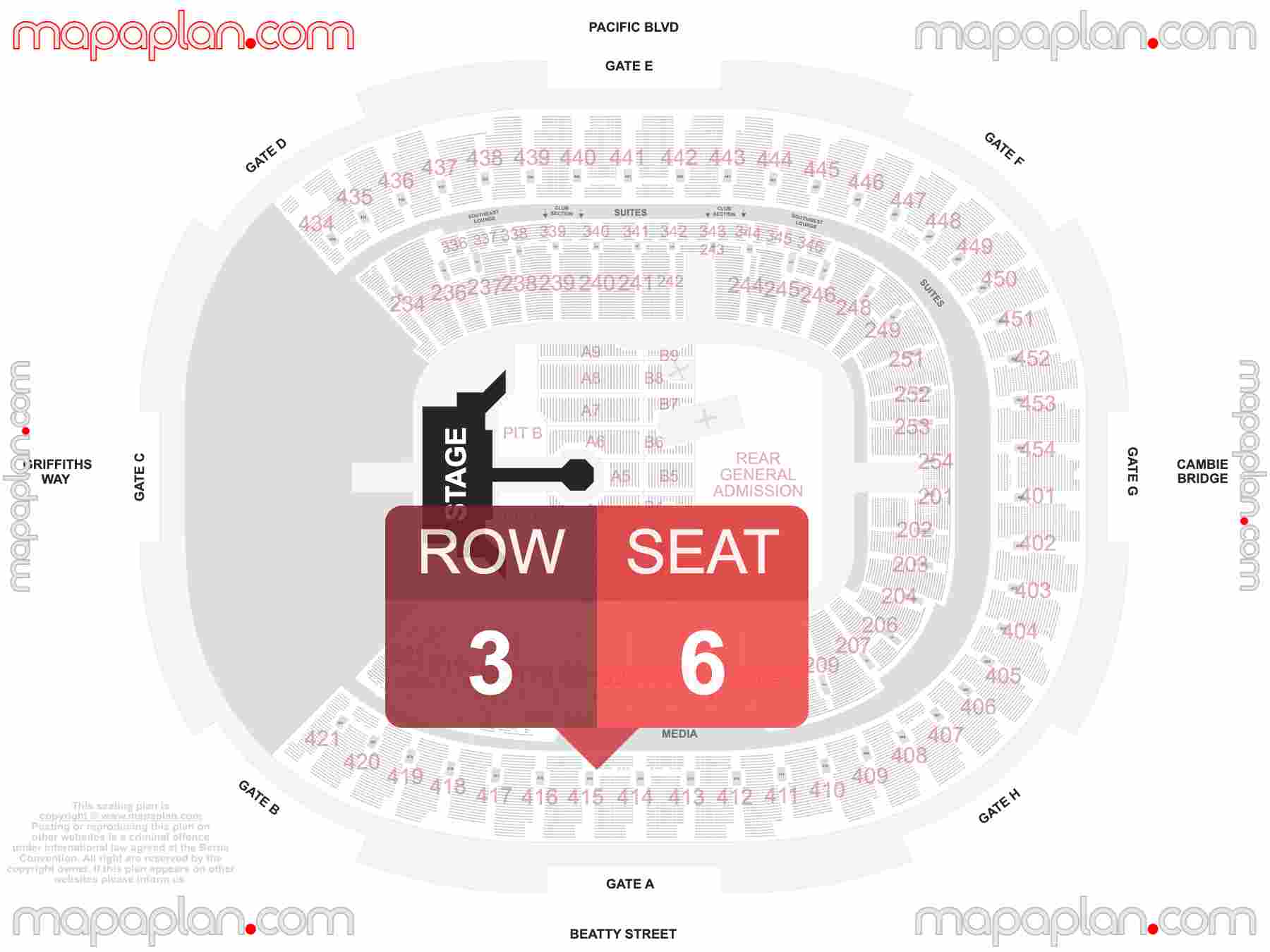 Vancouver BC Place seating map Concert with extended catwalk runway B-stage & Pit floor standing room only find best seats row numbering system chart showing how many seats per row - Individual 'find my seat' virtual locator