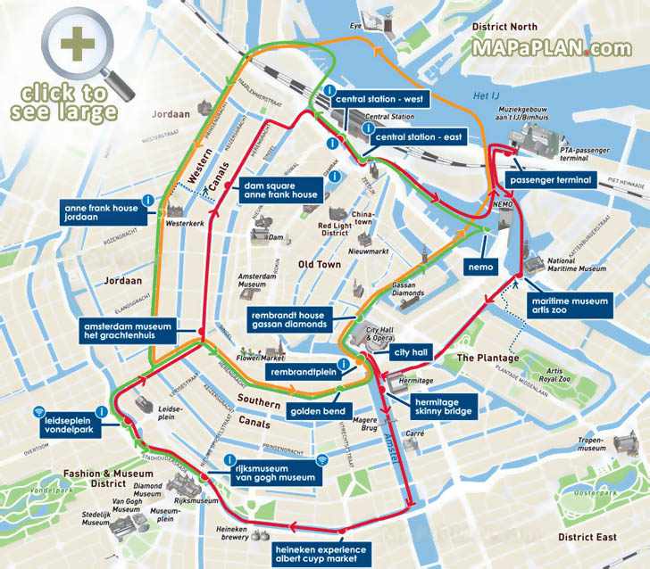 Amsterdam Top Tourist Attractions Map 05 Canal Bus Canal Cruises With Red Orange Green Lines 