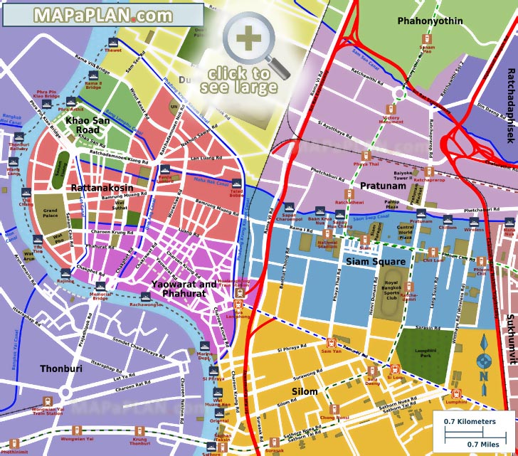 Bangkok Top Tourist Attractions Map 10 Most Popular Central Districts Including Siam Square Yaowarat Phahurat Rattanakosin Khao San Road 