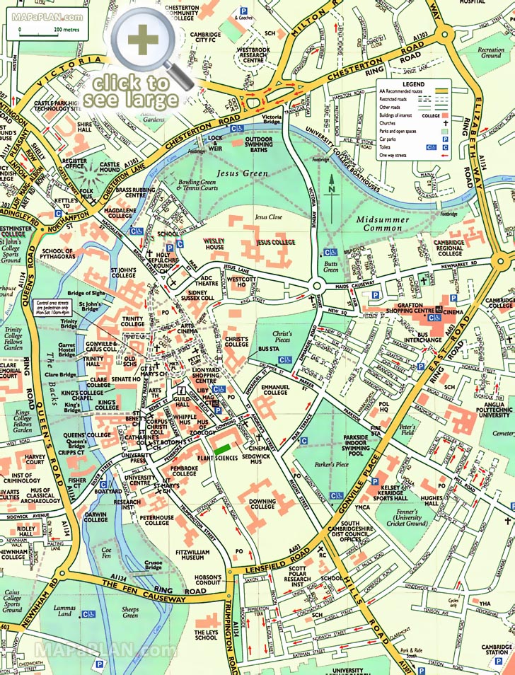 Cambridge Top Tourist Attractions Map 10 Cambridge England UK Town Centre Major Historical Buildings Of Interest Colleges Schools Churches 