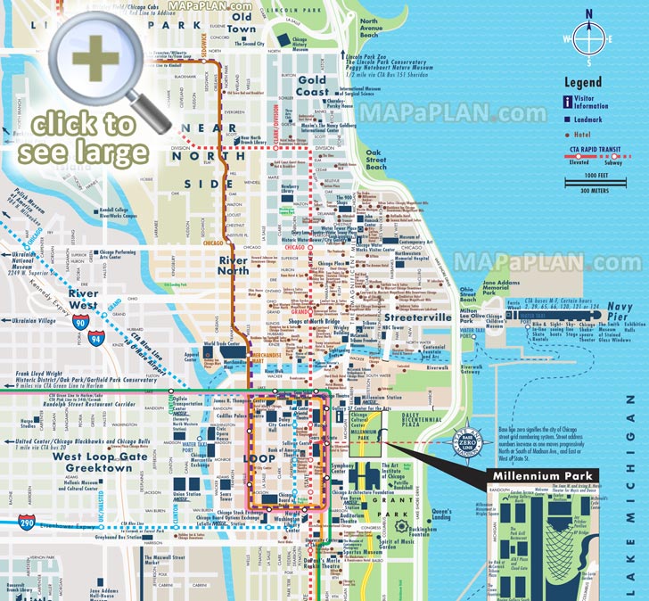 Chicago Top Tourist Attractions Map 03 Street Road Name Plan Central Most Popular Point Interest Elevated Metra Stops 