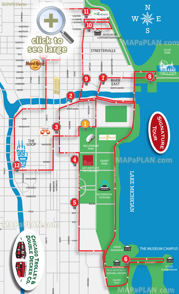 Chicago Top Tourist Attractions Map 05 Hop On Hop Off Signature Sightseeing Open Double Decker Trolley Bus Tour Routes 