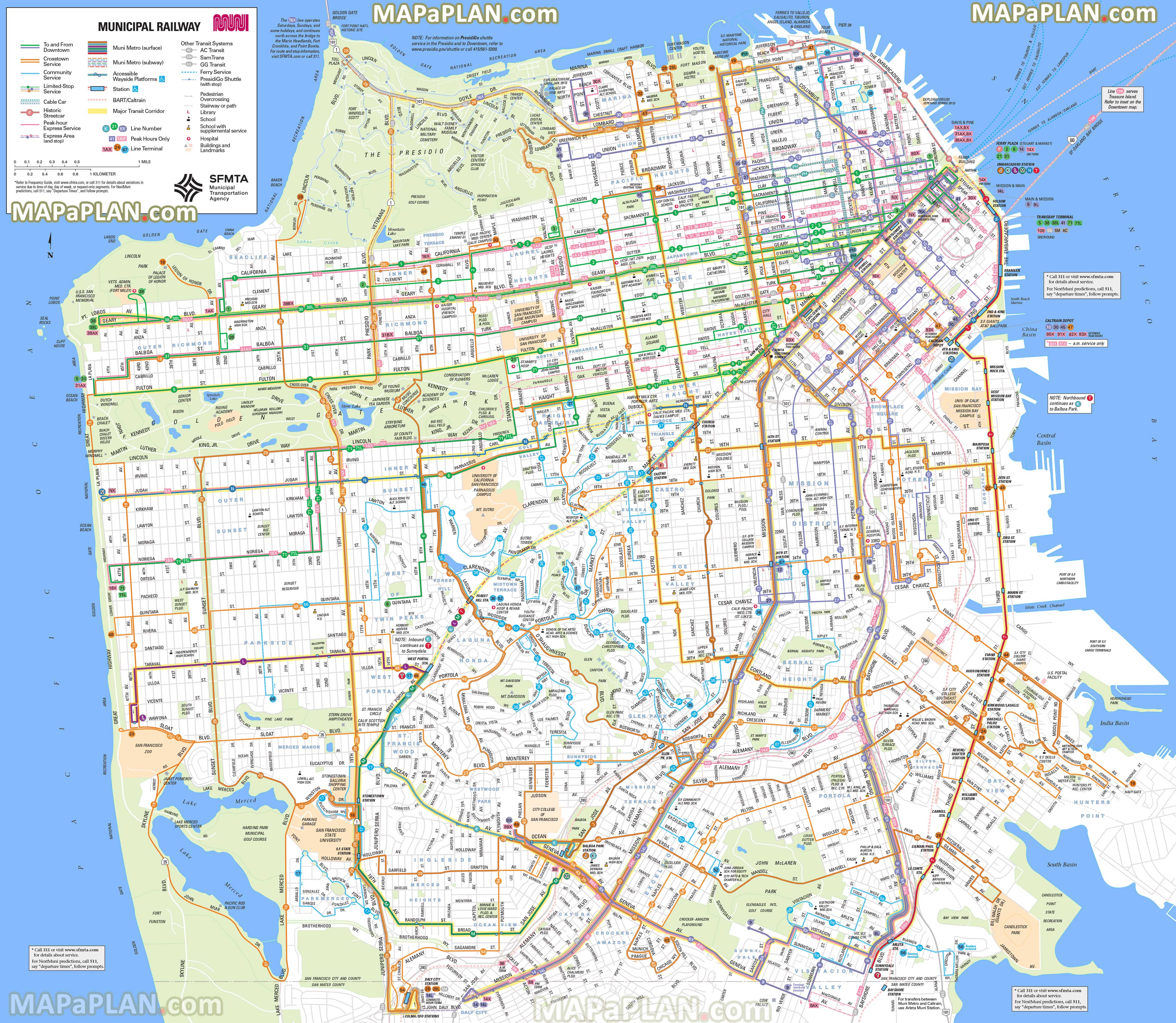 municipal railway transit system crosstown caltrain stops ferry service bus candlestick park San Francisco top tourist attractions map