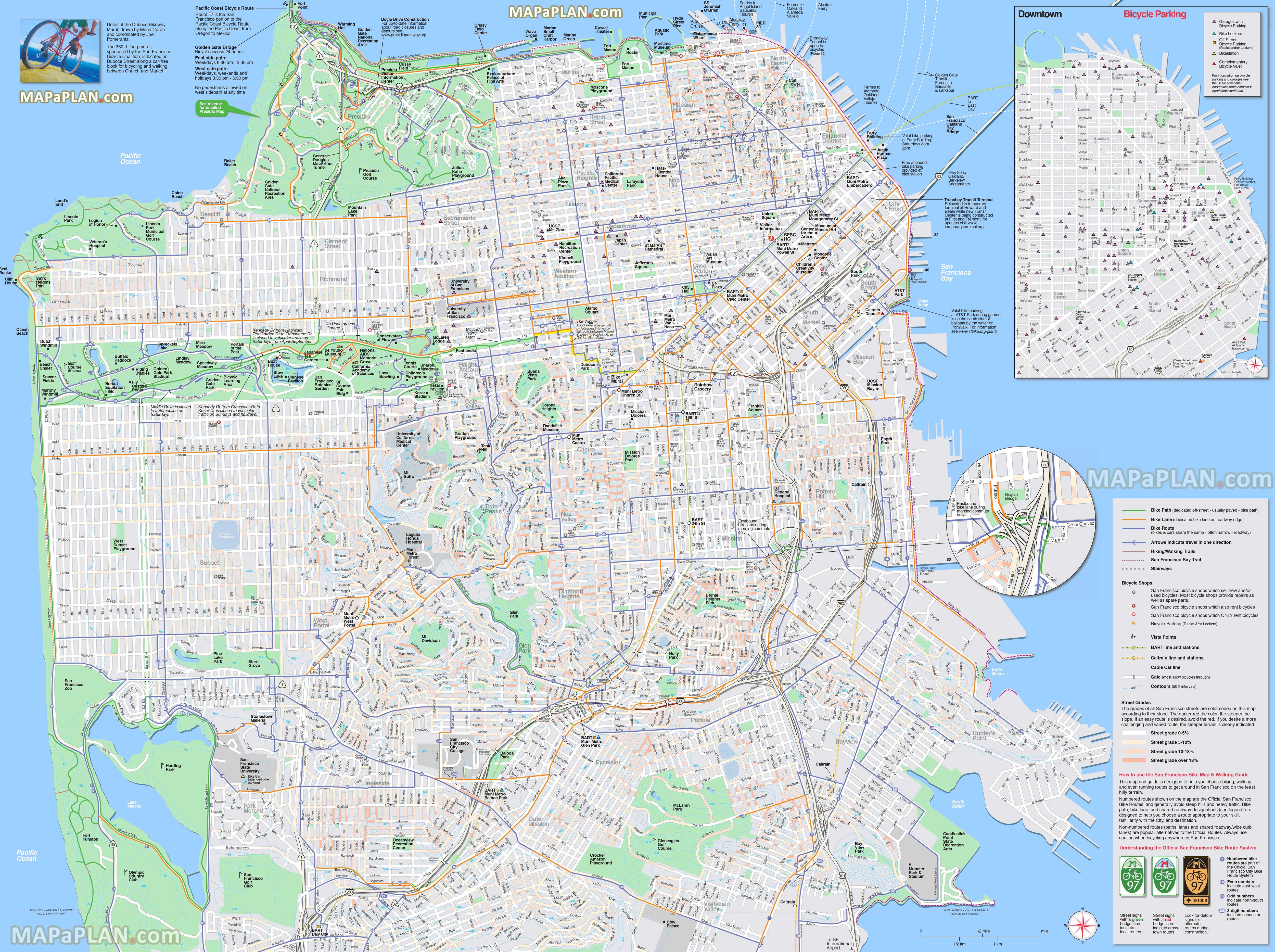 walking jogging hiking cycling routes hill grade elevation poster map street road names San Francisco top tourist attractions map